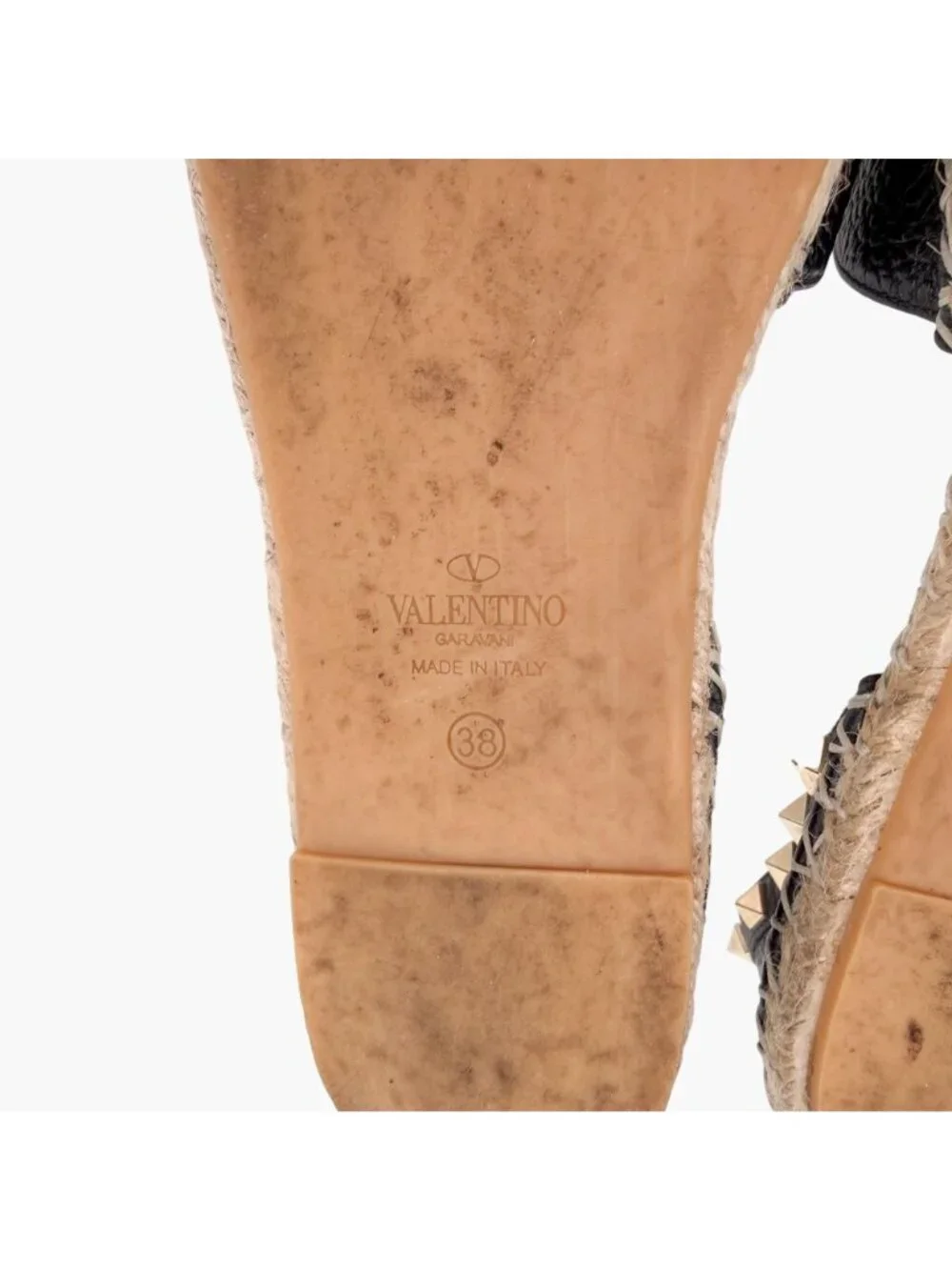 Valentino Garavani Rockstud Espadrille Flat Sandals Black Leather Size 38 US 8
